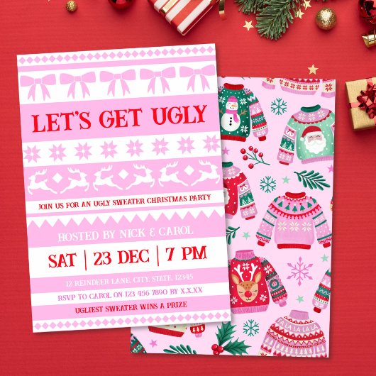 Invitation Obtenons un laide Noël laide Sweater rose & rouge