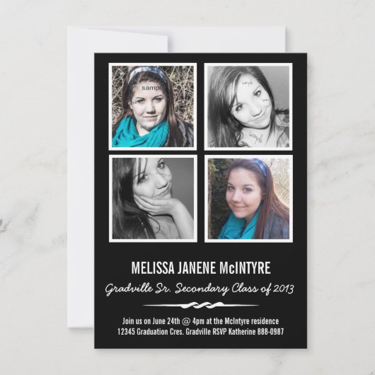 Invitation Obtention du diplôme de carrés de la photo quatre (Devant)