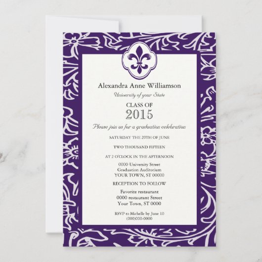 Invitation Obtention du diplôme formelle de Gray Fleur de Lis (Devant)