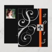 Invitation Obtention du diplôme noire et orange de ruban (Devant / Derrière)