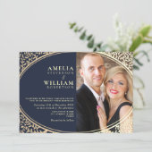 Invitation Occasion de mariage de luxe Gold Navy Blue Floral (Debout devant)