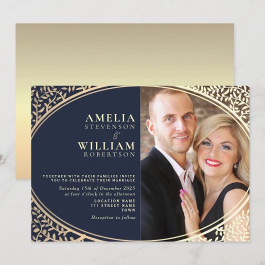 Invitation Occasion de mariage de luxe Gold Navy Blue Floral (Devant / Derrière)