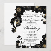 Invitation Occasions de mariage doré noir floral (Devant / Derrière)