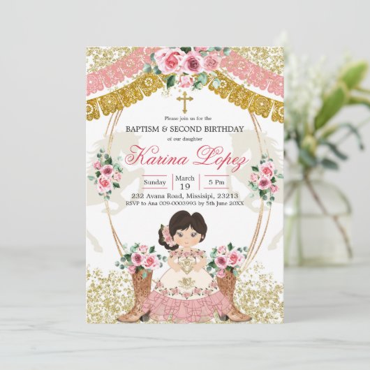 Invitation Occidental Mexicain Rose Boot Charra Baptême & Ann (Debout devant)