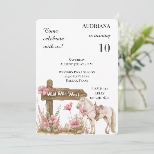 Invitation Occidental Rose Floral Wild West Horse Anniversair (Debout devant)