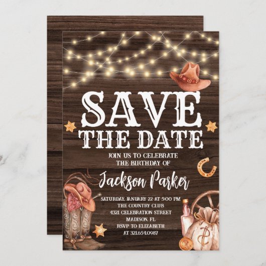 Invitation Occidental Sauver la date Anniversaire Pays Annive (Devant / Derrière)