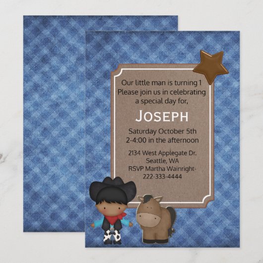 Invitation Occidental Theme Baby Boy Premier anniversaire (Devant / Derrière)