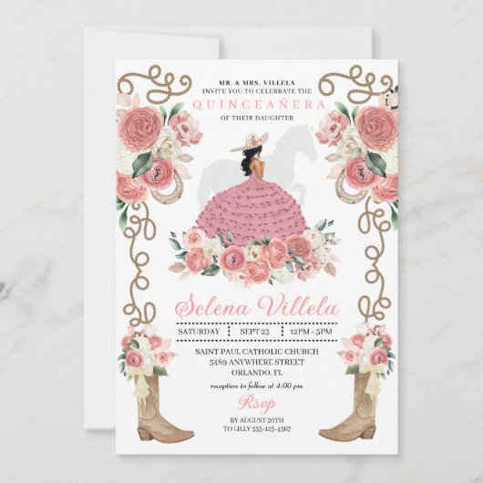 Invitation Occidentale rose Mariachi Charro Princesse Quincea (Devant)