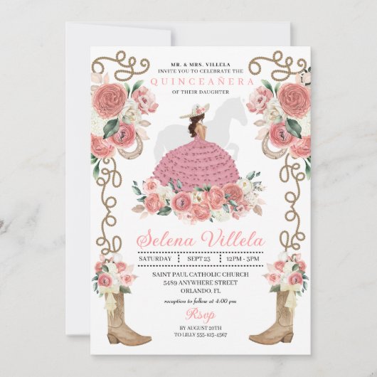 Invitation Occidentale rose Mariachi Charro Princesse Quincea (Devant)