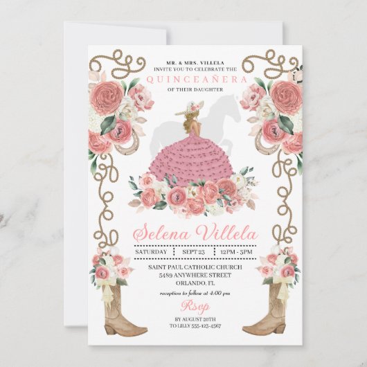 Invitation Occidentale rose Mariachi Charro Princesse Quincea (Devant)