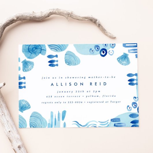 Invitation Océan Abstrait Blue Seashell Sea Boy Baby shower