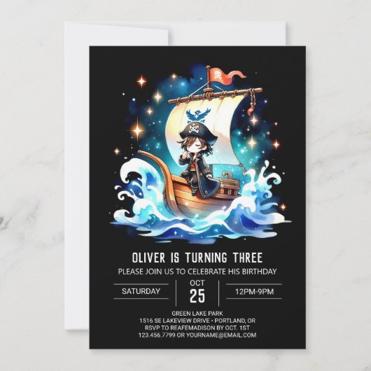 Invitation Océan Aquarelle Pirate Anniversaire (Devant)