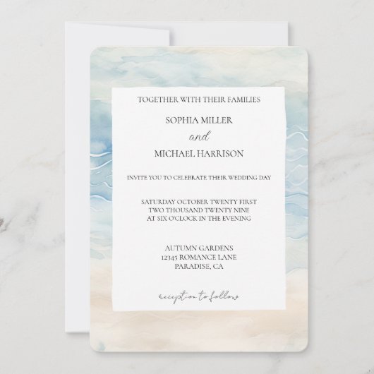 Invitation Ocean Beach Blue Cream Mariage de sable (Devant)