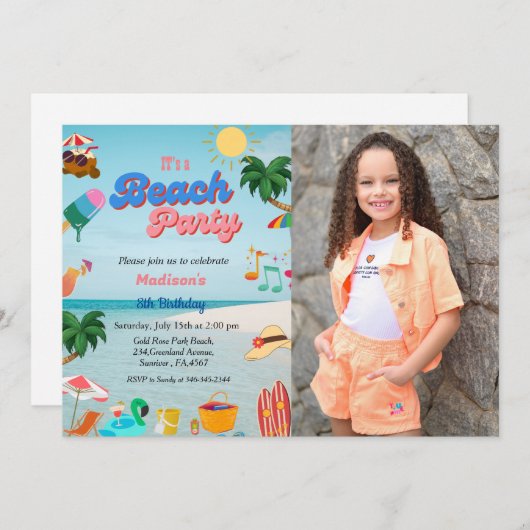 Invitation Ocean beach fête anniversaire, plage d'été (Devant / Derrière)