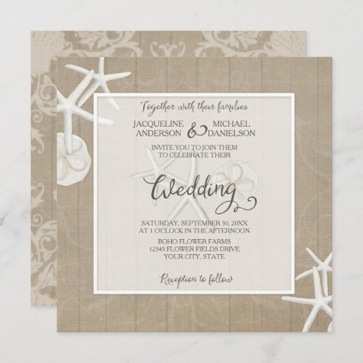 Invitation Ocean Beach Mariage Starfish Bois Damas Rustique (Devant / Derrière)