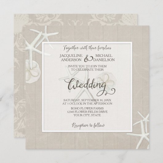 Invitation Ocean Beach Mariage Starfish Damask Bois Rustique (Devant / Derrière)