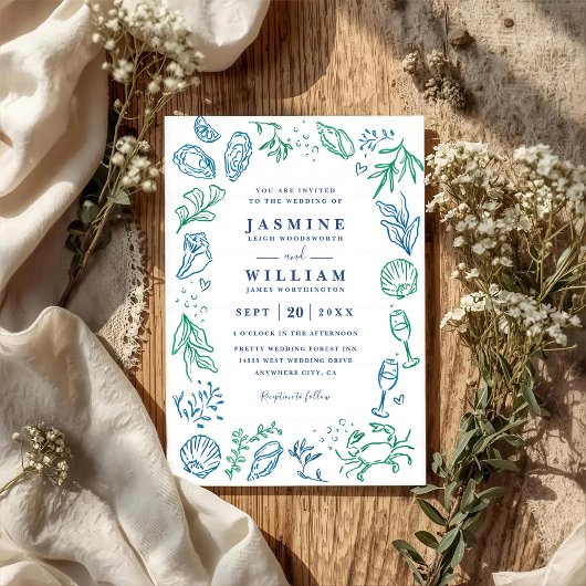 Invitation Ocean Beach Nautical Shell Elegant QR Code Wedding