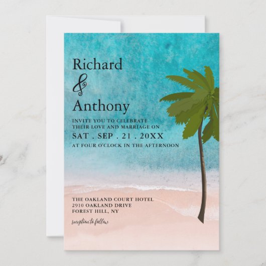 Invitation Ocean Beach Palm Tree Mariage (Devant)