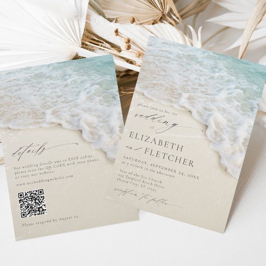 Invitation Ocean Beach QR Code Tout en un Mariage