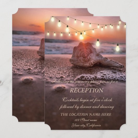 Invitation Ocean Beach, réception de mariage Seashell Lights  (Devant / Derrière)