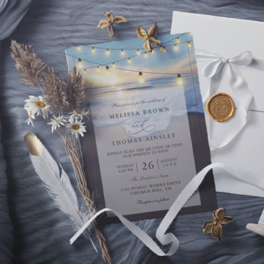 Invitation Ocean Beach Seaside String Lights QR Code Wedding