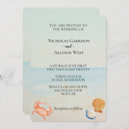 Invitation Ocean Beach Shells Mariage (Devant / Derrière)