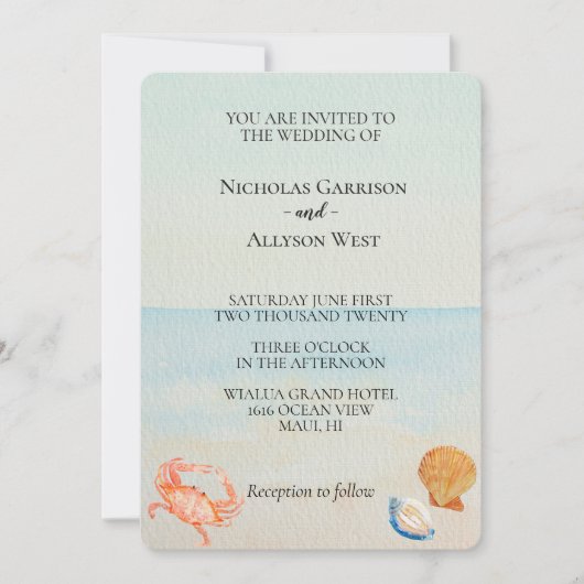 Invitation Ocean Beach Shells Mariage (Devant)