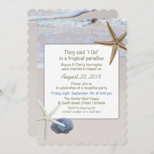 Invitation Ocean Beach Starfish Réception de mariage uniqueme (Devant / Derrière)