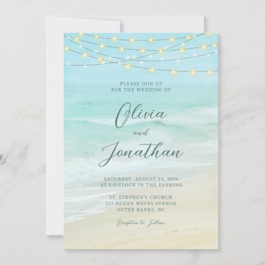 Invitation Ocean Beach String Lumières Élégant Mariage de scr (Devant)