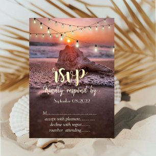 Invitation Ocean Beach Sunset, String Lights Seashell RSVP