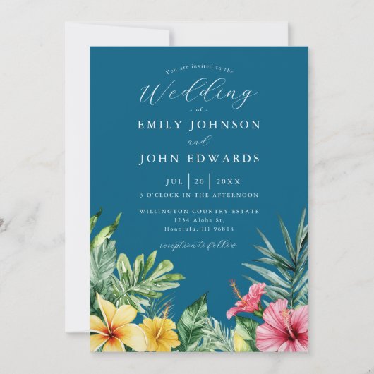 Invitation Océan Bleu Aquarelle Mariage floral tropical (Devant)