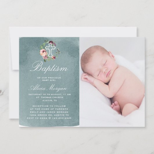 Invitation Océan Bleu Aquarelle Marsala Floral Baptême (Devant)