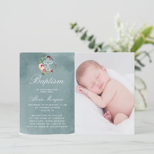 Invitation Océan Bleu Aquarelle Marsala Floral Baptême (Debout devant)