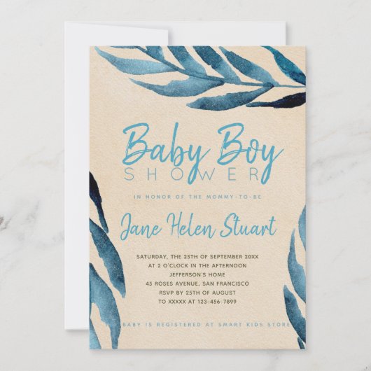 Invitation Océan bleu laurier feuillage bébé garçon douche in (Devant)