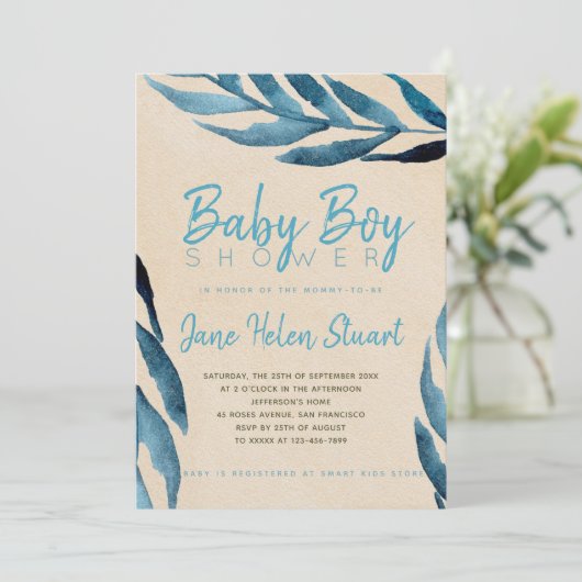Invitation Océan bleu laurier feuillage bébé garçon douche in (Debout devant)