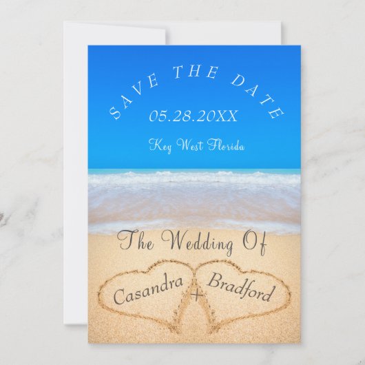 Invitation Ocean Blue Beach Mariage 2 Coeurs dans le sable (Devant)
