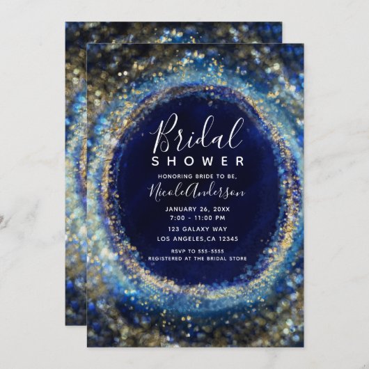 Invitation Ocean Blue & Gold Sparkling Lights Fête des mariée (Devant / Derrière)