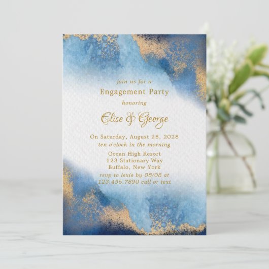 Invitation Ocean Blue Golden Agate (Debout devant)