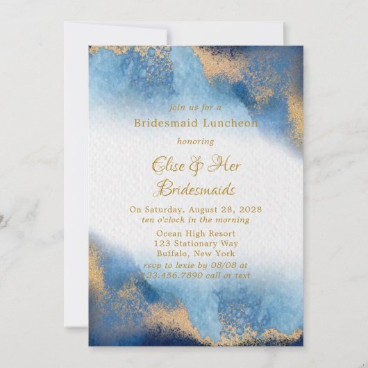 Invitation Ocean Blue Golden Aquarelle Bridesmaitres Déjeuner (Devant)