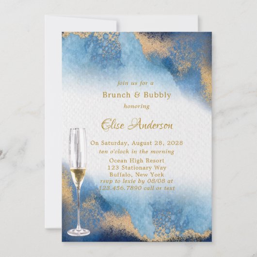 Invitation Ocean Blue Golden Aquarelle Brunch & Bubbly (Devant)