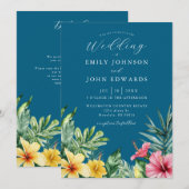 Invitation Ocean Blue Tropical Floral Code QR Mariage (Devant / Derrière)