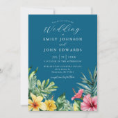 Invitation Ocean Blue Tropical Flowers Photo QR Code Mariage (Devant)
