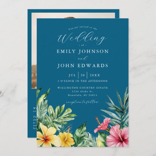 Invitation Ocean Blue Tropical Flowers Photo QR Code Mariage (Devant / Derrière)