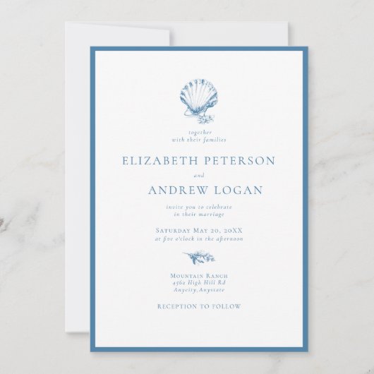 Invitation Océan Coquillage | Mariage Bleu (Devant)