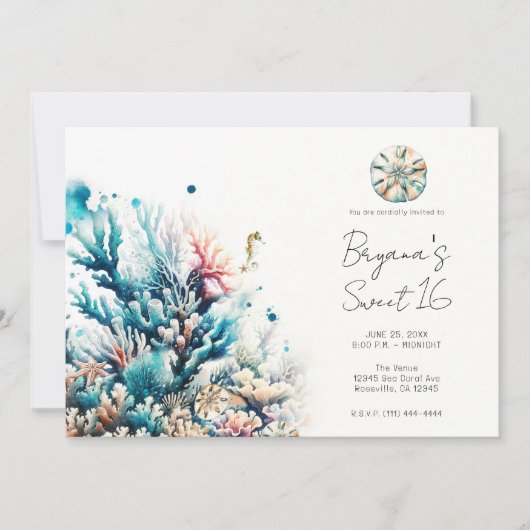 Invitation Océan Éclaboussure Corail Marin Aquarelle Douce 16 (Devant)