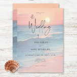 Invitation Ocean moderne Sunset Watercolor Beach Wedding<br><div class="desc">Célébrez votre journée spéciale avec la simplicité et la tranquillité d'une invitation de scène de plage aquarelle. Les tons doux et chauds de corail et de bleu du coucher de soleil viennent compléter l'aqua et les bleus de la mer paisible, ce qui rend ce design parfait pour votre mariage sur...</div>