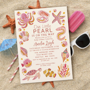 Invitation Océan Pearl Sea Créatures Baby shower fille rose