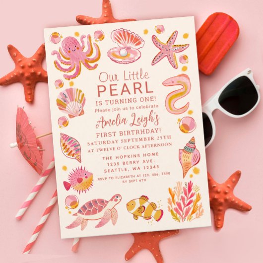 Invitation Ocean Pearl Sea Creatures Fille 1er anniversaire