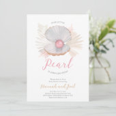 Invitation Ocean Pearl Sea Shell Baby shower rose fille (Debout devant)