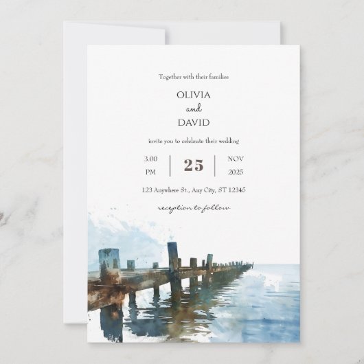 Invitation Océan Rustique Jetée en bois Aquarelle Plage Maria (Devant)